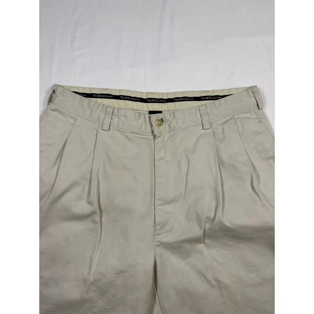 Polo Ralph Lauren Chino Pants Mens 35x30 Khaki Tan Pleated Cuffed Cotton Vintage